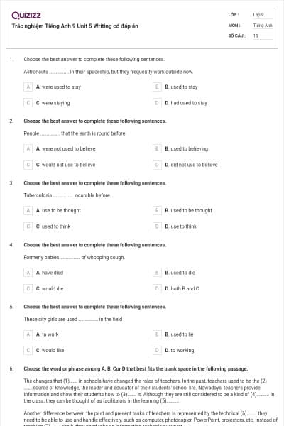 Trắc nghiệm Tiếng Anh 9 Unit 5 Writing có đáp án