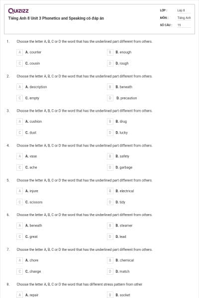 Tiếng Anh 8 Unit 3 Phonetics and Speaking có đáp án