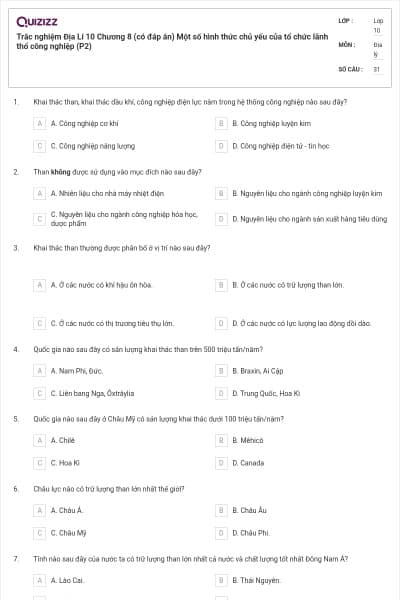 Trắc nghiệm Địa Lí 10 Chương 8 (có đáp án) Một số hình thức chủ yếu của tổ chức lãnh thổ công nghiệp (P2)