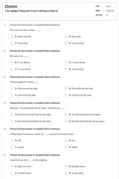 Trắc nghiệm Tiếng Anh 9 Unit 6 Writing có đáp án
