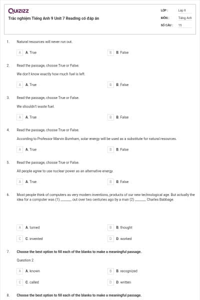 Trắc nghiệm Tiếng Anh 9 Unit 7 Reading có đáp án