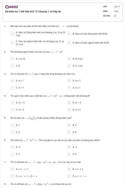 Đề kiểm tra 1 tiết Giải tích 12 Chương 1 có đáp án